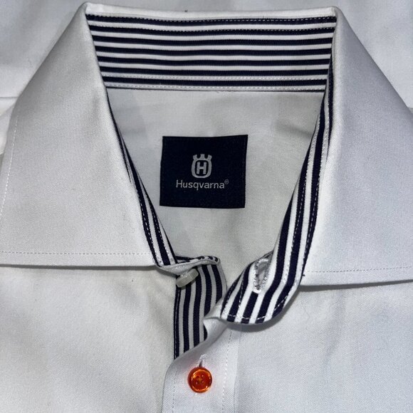 HUSQVARNA Men's Embroidered Spellout Long Sleeve Button Down White Dress Shirt L - Picture 7 of 13